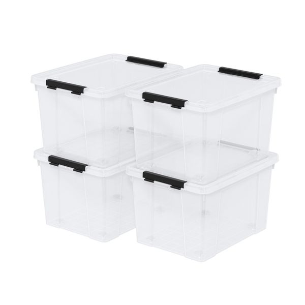 22 Qt Latching Storage Box, Stackable Bin with Latch Lid, Clear, 4-Pack