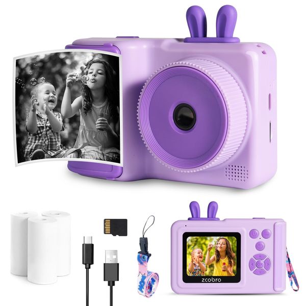 Instant Print Camera for Kids Digital Camera Christmas Birthday Gifts for Girls Boys 1080P HD Digital Video Cameras for Toddler Portable Camera Toy for 3 4 5 6 7 8 9 10 11 12 Year Old Girl Purple