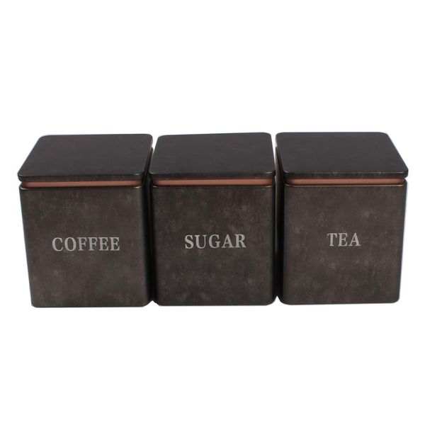 NAVACALA Tea Coffee Sugar Canisters, 3 Piece of 600ml Metal Food Storage Tin, Kitchen Canister Set with Metal Tray, Dry Food Storage Containers for Tea Coffee & Sugar