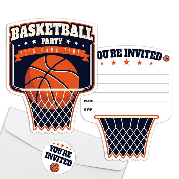 REWIDPARTY Basketball Party Invitations with Envelopes & Stickers（Set of 15） Basketball Birthday Party Shaped Fill-in Invitations Basketball Game Invite Card Basketball Party Supplies for Kids Adults