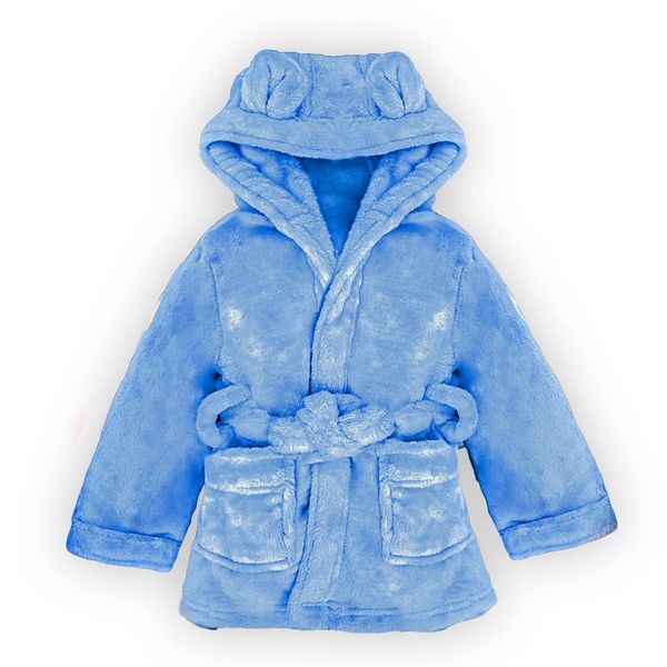 Baby Dressing Gown, Boys & Girls, Fleece Bath Robe with Teddy Ears, Blue, 6-12 Months