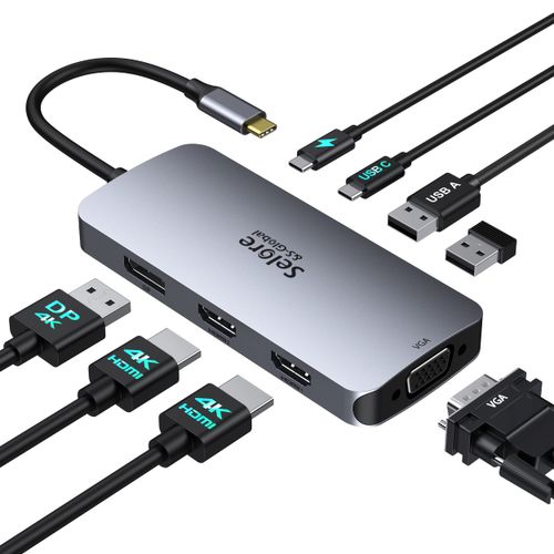 USB C Docking Station Dual HDMI Monitor Adapter, Selore USB C Hub 3 Monitors Adapter with Dual HDMI, Displayport, VGA, 100W PD Charging, 3USB 2.0 Ports Adapter for Dell XPS,HP, Lenovo,etc(Black)