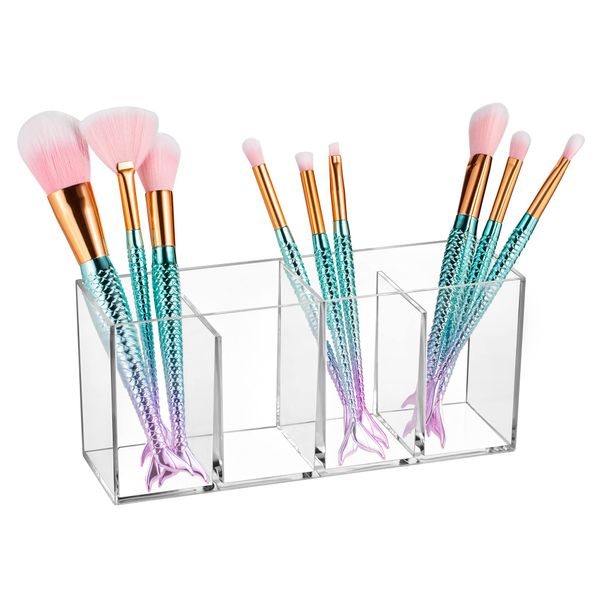 OWAYOTO Pen Holder Acrylic Clear Makeup Brushes Holder Pencil Organizer Cup Makeup Brushes Organiser Cup Makeup Container Storage Desk Accessories Holder 4 slots