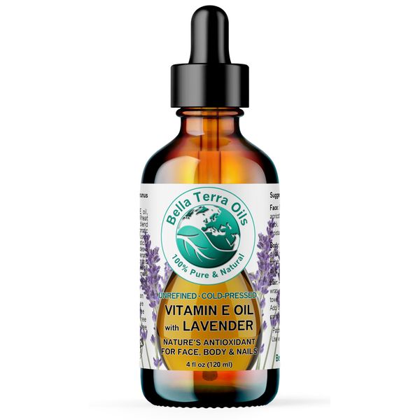 Bella Terra Oils - Lavender Infused Organic Vitamin E Oil 4 oz - D-Alpha Tocopherol Powerhouse, Extracted from Organic Wheat Germ, Lavishly Nourishing Organic Vitamin E for Luxurious Skin