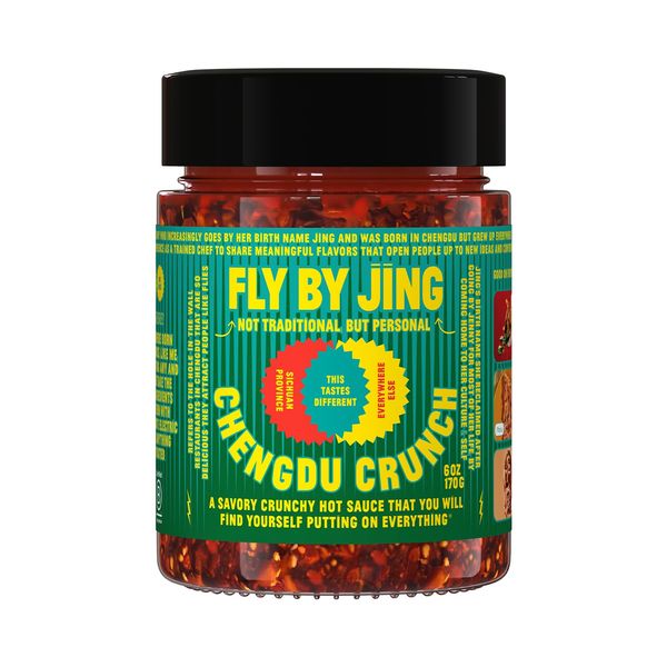 FLYBYJING Chengdu Crunch, Gourmet Spicy Savory Umami Extra Crunchy Hot Chili Crunch Sauce w/Sichuan Pepper, Versatile Non-GMO Hot Sauce Good on Everything, Vegan and Nut-Free, 6oz (Pack of 1)