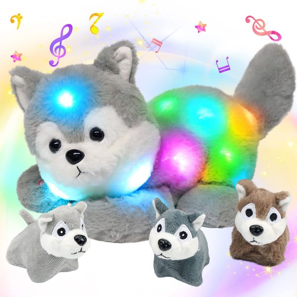 Hopearl LED Musical Stuffed Husky Lighting Up Singing Plush Toy Playset Mommy Dog with 3 Baby Puppies in her Tummy Lullaby Animated Soothe for Mom Toddler Girls, Gray, 17''