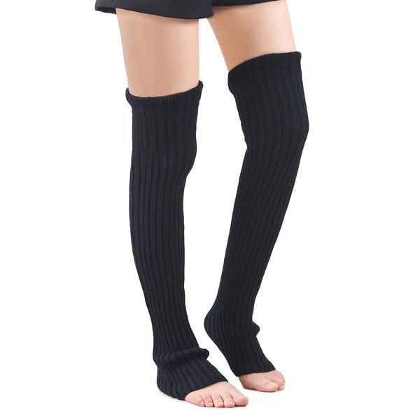 Leotruny Women's Winter Over Knee High Footless Socks Knit Leg Warmers (Black)