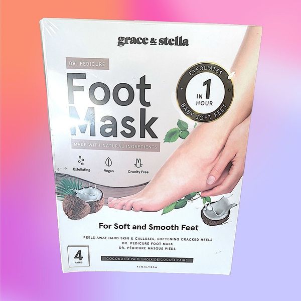 GRACE & STELLA Foot Peel Mask 4 Pairs in Coconut  4 x 1.5 fl Oz NIB MSRP $35