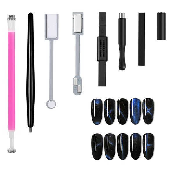 8 Pcs Nail Magnet Tool Set, Cat Eye Gel Nail Polish Magnet Tools, Double-head Suction Nail Magnet Stick, for Nails Square Round Magnet Stick Cat Eye Effect Double Ended Home Salon Nail Art Set