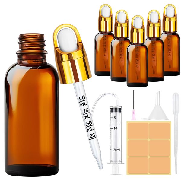 Amentalove Amber Glass Dropper Bottle, 5PCS 30ml Pipette Dropper Bottle, Refillable Glass Dropper Bottles with Pipette Funnels Syringe Labels for Essential Oil Massage Aromatherapy Eye Drops