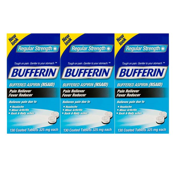 Bufferin Aspirin Pain Reliever/Fever Reducer Coated Tablets, Relieves Headache, Arthritis, Backache & Menstrual Cramps, Contains Antacids, 325mg, 130 Count (Pack of 3)