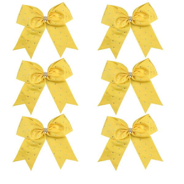 8 Inch Jumbo Cheerleader Bows with Bling Fling Rhinestones Ponytail Holder Cheerleading Bows Hair Tie 6 Pcs College (Yellow)