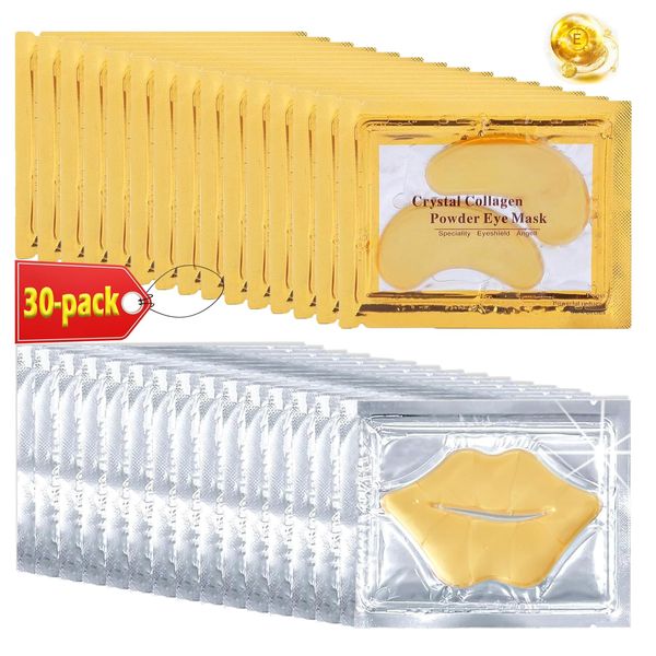 30PCS 24k Gold Eye Mask and Crystal Lip Mask,Gold Eye Patches for Puffy Eyes Dark Circles , Anti-Aging Collagen Gel Lip Sleeping Mask and Under Eye Mask ,Effectively Moisturizes the Eye Lip Area