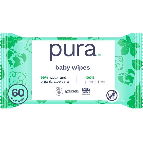 Pura Eco Friendly Baby Wipes, 99% Water, 100% Plastic Free, Biodegradable, Compostable, Vegan, Suitable for Sensitive, Eczema Prone and Newborn Skin, Vegan, 1 Pack of 60 Water Based Wet Wipes