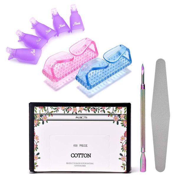 KADS Nail Art Set with 10 Nail Remove Caps 1 Nail Pusher 1 Nail File 2 Nail Brushes 600Pcs Cotton Nail Clean Wipes