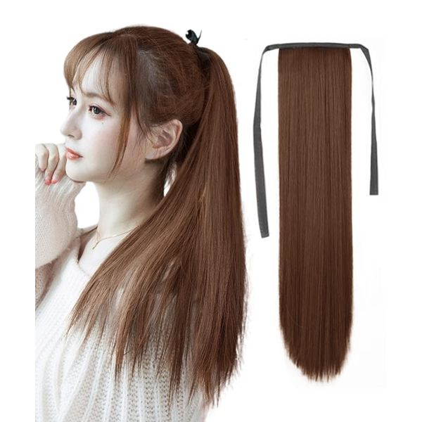 Ponytail Extensions, Straight, Long, Smooth, Hair Filling, Heat Resistant, 19.7 inches (50 cm), 1 Piece / Set Pin with Ribbon Included, Light Brown