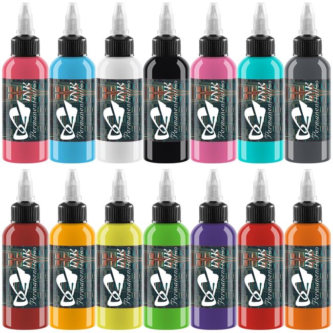 Tattoo Farbe Set SNDE Tattoo Tinte Kit 14 Bold Colors Pigment 1oz (30ml) Flaschen Tattoos Tinte Set für langlebige, lebendige Ergebnisse für Tattoo Zubehör für Profis und Enthusiasten