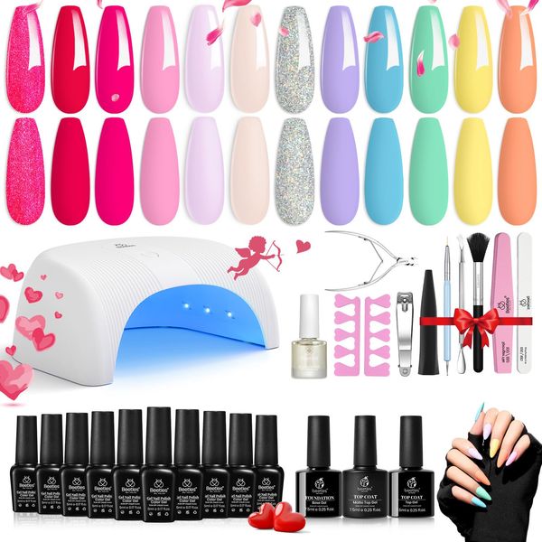 beetles Gel Polish Kit with U V Light 36W LED Nail Lamp - 12 Colors Vibrant Hot Pink Light Purple Blue Green Gel Polish Starter Kit Glitter Nude Pink Jelly Gel Nail Kits Manicure DIY Home…
