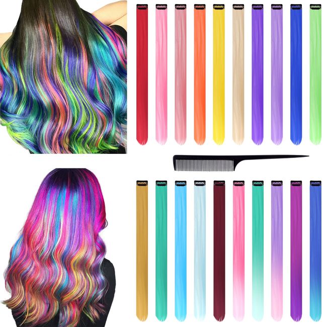 yeestone Farbige Haarverlängerung 20 Stück Haarsträhnen Zum Einklipsen 55cm Bunte Haarteile Bunte Haarverlängerung Clips Mit 1 Kamm für FrauenMädchen Party Festival Deko (20 Farben