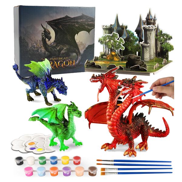 Yileqi Paint Your Own Dragons Painting Kit, Dragon Toys Arts and Crafts for Kids Age 4 5 6 7 8 9 Years Old, Dragon Party Favor Art Supplies DIY Activities Kit for Kids Birthday Gift