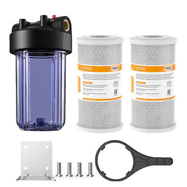 10 Inch Clear Whole House Water Filter Housing System &2p 10" x4.5" Carbon Block