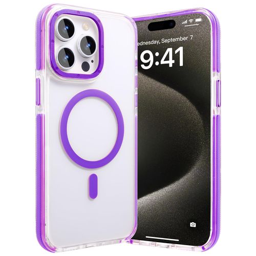 Gyizho Magnetic Case for iPhone 15 Pro Max Case, [Military Grade Drop Tested] [Compatible with MagSafe] Slim Protective Cover Translucent 15 Pro Max Phone Case 6.7 inch, Clear, Border Purple