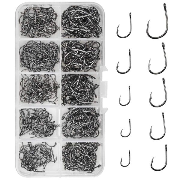 500pcs Fishing Hooks Carbon Steel Barbed Fishing Hooks Eyed Sea Fish Hooks Carp Fishing Tackle Carp Circle Hooks for Saltwater Freshwater Fishing Accessories, No.3-No.12, 10 Sizes with Compartment Box