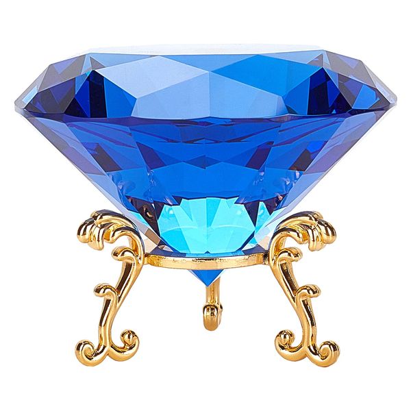 AHANDMAKER Large Crystal Diamond Paperweight, Blue Crystal Diamond, Gold - Iron Stand Jewel Wedding Decoration Centerpiece Home Decoration, 3.15"