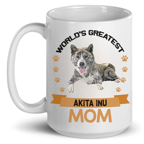 Silver Brindle Great Japanese Dog Mom Coffee Mug - Large 15oz White Ceramic Cup - World's Greatest Pet Mommy - Funny Gift Idea for Akita Dog Owner & Puppy Lover