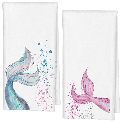 Qabliqo Mermaid Bathroom Decor Hand Towels Set of 2, Mermaid Gifts Blue Pink Tail Decorative Kids Hand Towels for Girls, Coastal Beach Kitchen Towels, 16x24 Inch