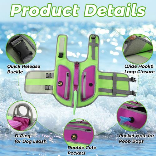 Sheripet Dog Life Jacket, Cute Shark Dog Life Vest for Swimming Boating with Superior Buoyancy and Rescue Handle, Adjustable Puppy Swim Floating Vest for Small Medium Large Dogs (Green, Large)