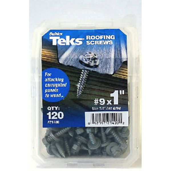 Roofing Screw, #9 Thread, Fine Thread, Hex Drive, Sharp Point, Steel, Zinc Light