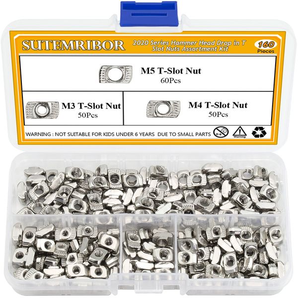 Sutemribor 160 Pieces 2020 Series T Nuts, M3 M4 M5 T Slot Nut Hammer Head Fastener Nut for Aluminum Profile