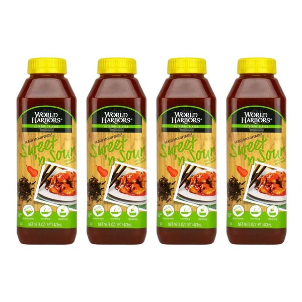 World Harbors Maui Sweet and Sour Sauce - Hawaii Style Perfect for Dipping, Dumplings, Chicken Nuggets, Various Meats Including Beef, Pork, Seafood & Vegetable Made in USA 16-Fl Oz Bottles (Pack of 4)