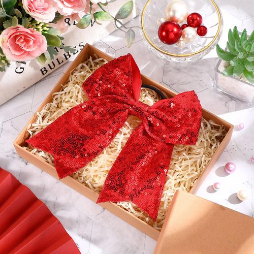 2 Packs Jumbo Cheerleading Bow 8 Inch Cheer Hair Bows Large Cheerleading Hair Bows with Ponytail Holder for Teen Girls Softball Cheerleader Outfit Uniform (Sequin Red) 1