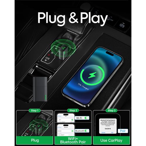 CNDPSTE Apple CarPlay Wireless Adapter, 2025 Upgraded Mini Bluetooth Car Play Dongle Converts Wired to Wireless CarPlay Adapter, Plug & Play for iPhone iOS 10+ & Cars 2016+, No Latency, USB Type-A
