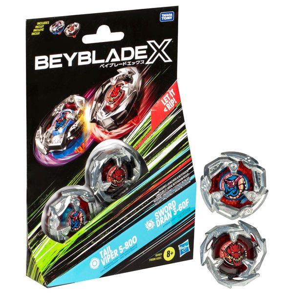 BEYBLADE X Tail Viper 5-80O and Sword Dran 3-60F Dual Pack Set with 2 Right-Spinning Tops; Battling Top Toys for 8 Year Old Boys and Girls