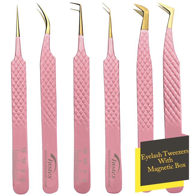 INSTEX Eyelash Tweezers Set of 6 PCS, Anti-Static Stainless Steel with Color Coated Firm Grip | Sharp Edge Classic Lash Tweezers for Volume & Fan Making Including Magnetic Safety Box (Pink)