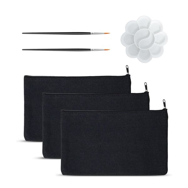 GVSAVY 3 Black Canvas Bags with 2 Black Paint Brushes, 1 Color Palette, Portable Zipper Bag, Canvas Cosmetic Bag for School, Travel, Storage