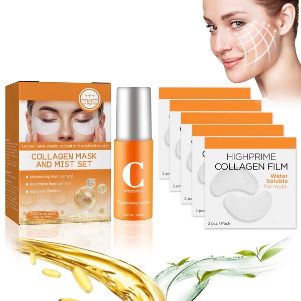 Miioto High Prime Collagen Film, Highprime Kollagen Film, 5 Stück Collagen Film, 50ml VC Mist Kit, Collagen Maske für Verhindern Sie Stumpfheit und Trockenheit und Hellen Sie den Hautton Auf