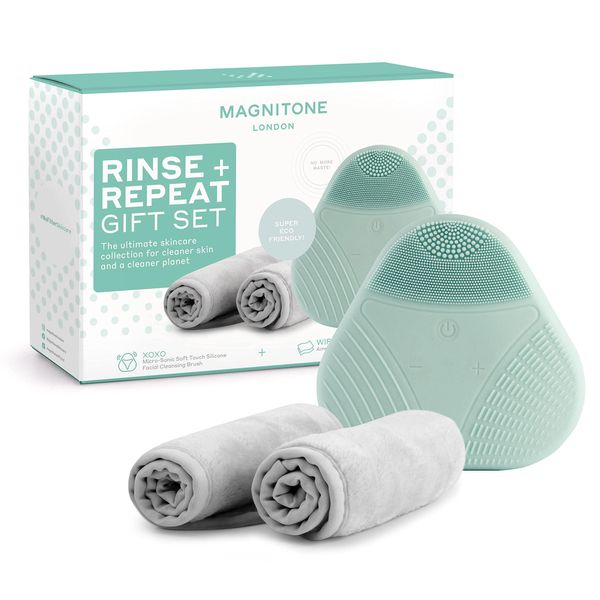 MAGNITONE Rinse + Repeat Gift Set - XOXO Silicone Facial Cleansing Brush + WipeOut Microfibre Cleansing Cloths - Makeup Removal, Cleanse, Brighten and Soften Skin, 100% Waterproof, USB Rechargeable