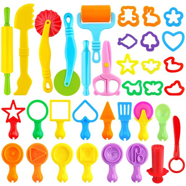 Play Dough Tools for Kids,35 Pieces Playdough Tools Set with Various Plastic Molds,Playdough Cutters,Rollers,Scissors,Dough Extruder