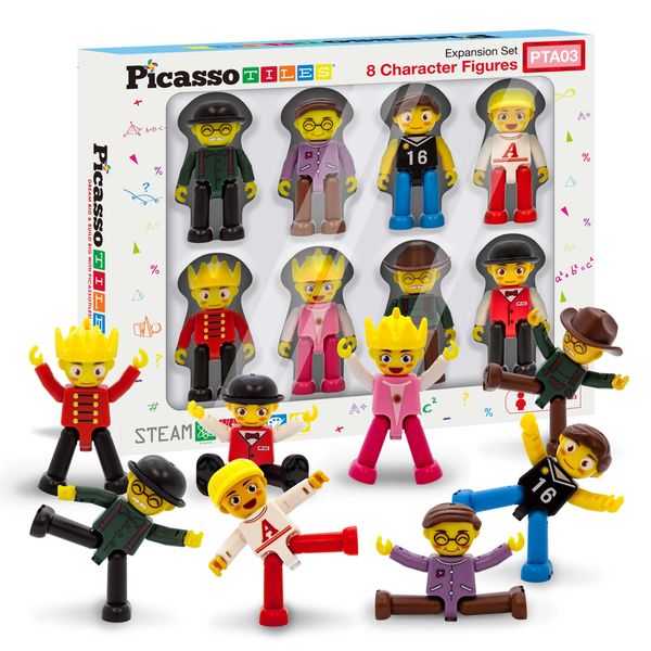 PicassoTiles Magnetic Figures 8 Piece Character Action Figure Toddler Toy Set Magnet Expansion Variety Pack Play People Add-ons STEM Learning Kit Pretend Playset for Construction Building Block PTA03