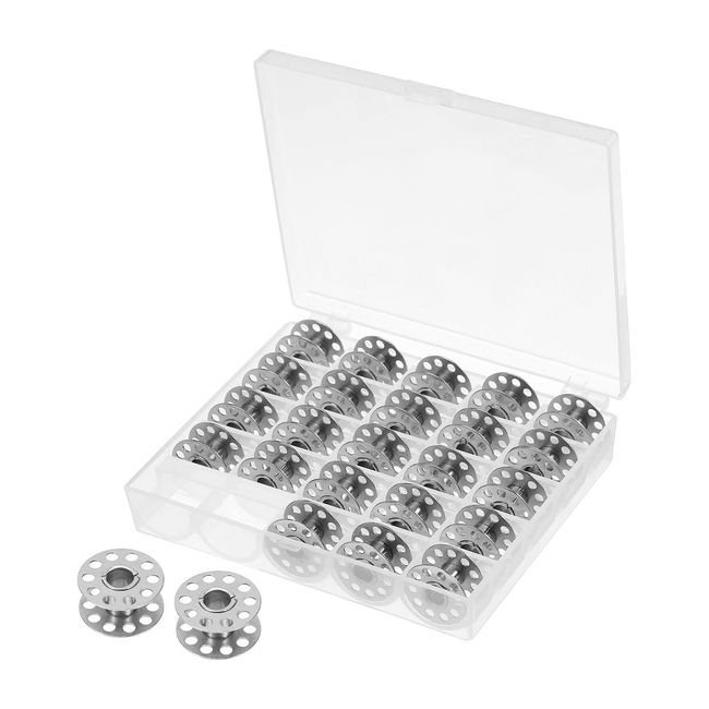 uxcell Metal Bobbin Embroidery Bobbin with Case for Sewing Machines, Silver, 25 Pieces