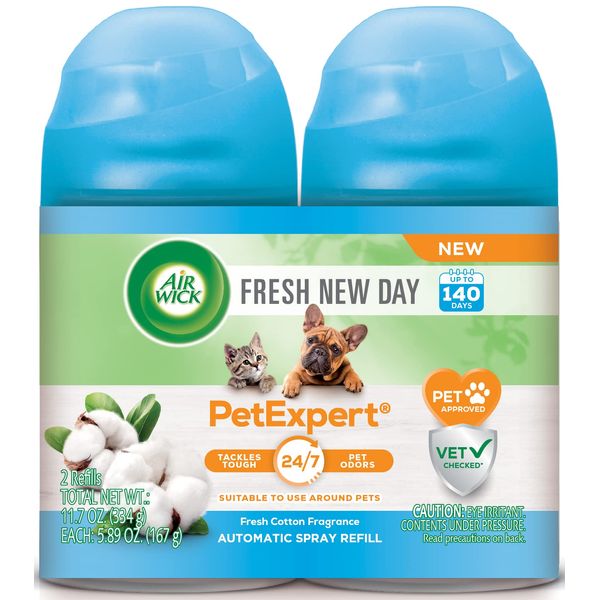 Air Wick Automatic Spray Fresh New Day, 2ct, Pet Fresh Cotton, Air Freshener, Essential Oils, Odor Neutralization