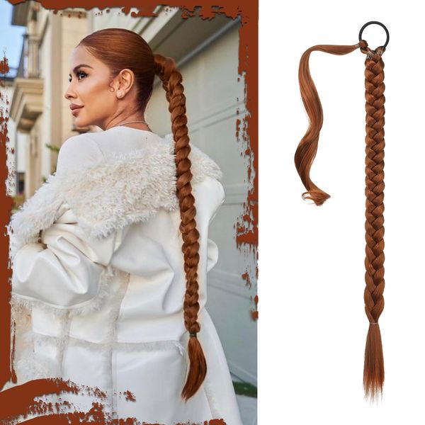 Sofeiyan Braid Extensions Pferdeschwanz Verlängerung mit Haargummi 66cm Lange Geflochtener Ponytail Verlängerung Kupferrot Natürliches Haarverlängerung Synthetisches Zopf Haarteil für Damen