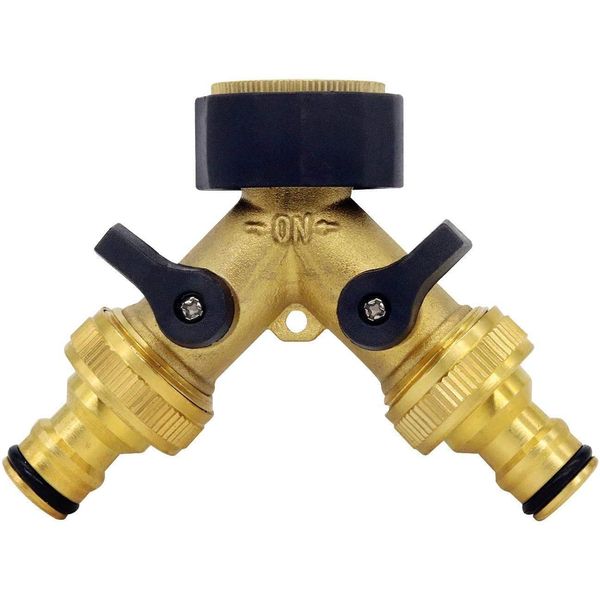 2 Way Brass Tap,Garden Hose Splitter, Y Valve, Two Way Brass Tap Manifold Brass Garden Hose with 2 x3/4 Inch brass water tap connection