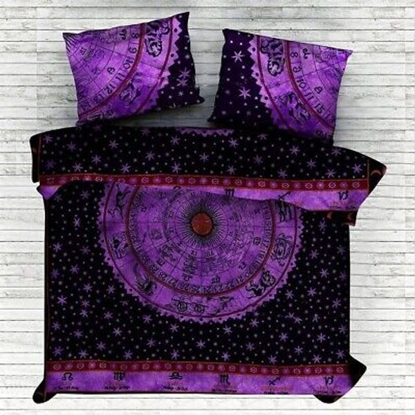 Purple Zodiac Mandala 100% Cotton Duvet Cover Indian Handmade Bedding Set Queen