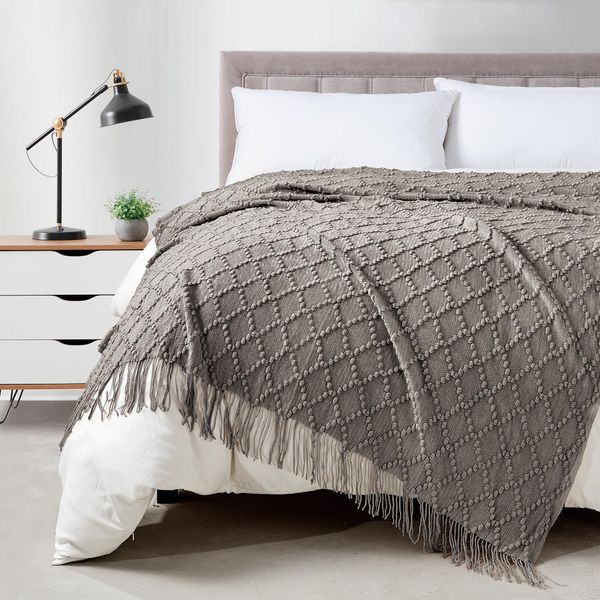 BOURINA Throw Blanket Textured Solid Soft Throws and Blankets for Sofa or Bed Knitted Decorative Blanket 127x178cm Dark Grey