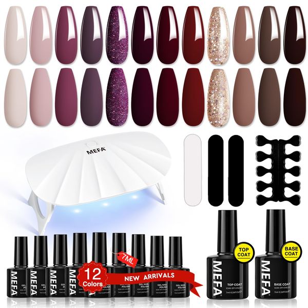 MEFA Kit Semipermanente Unghie Professionale Con Lampada Led 6W, 12 Colori Nudo Viola Rosso Marrone Glitter Smalti Semipermanenti per Unghie Nail Art Con 1 Top & Base Coat Set di Adesivi per Manicure